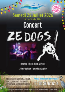 Concert poster: Ze Dogs band performing Saturday 25 July 2026 from 8 PM at Le Passage de la Venise Verte; free entry.