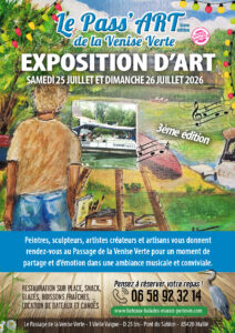 Poster announcing Le Pass' ART de la Venise Verte art exhibition on July 25–26, 2026, featuring a colorful painter scene and event details.