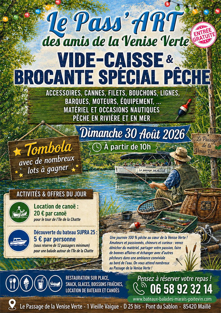 affiche-passart-29-30-aout-2026 Colorful poster for Le Pass’ ART at La Venise Verte: vide-caisse, brocante pêche, tombola, activities; Sun 30 Aug 2026 from 10h.