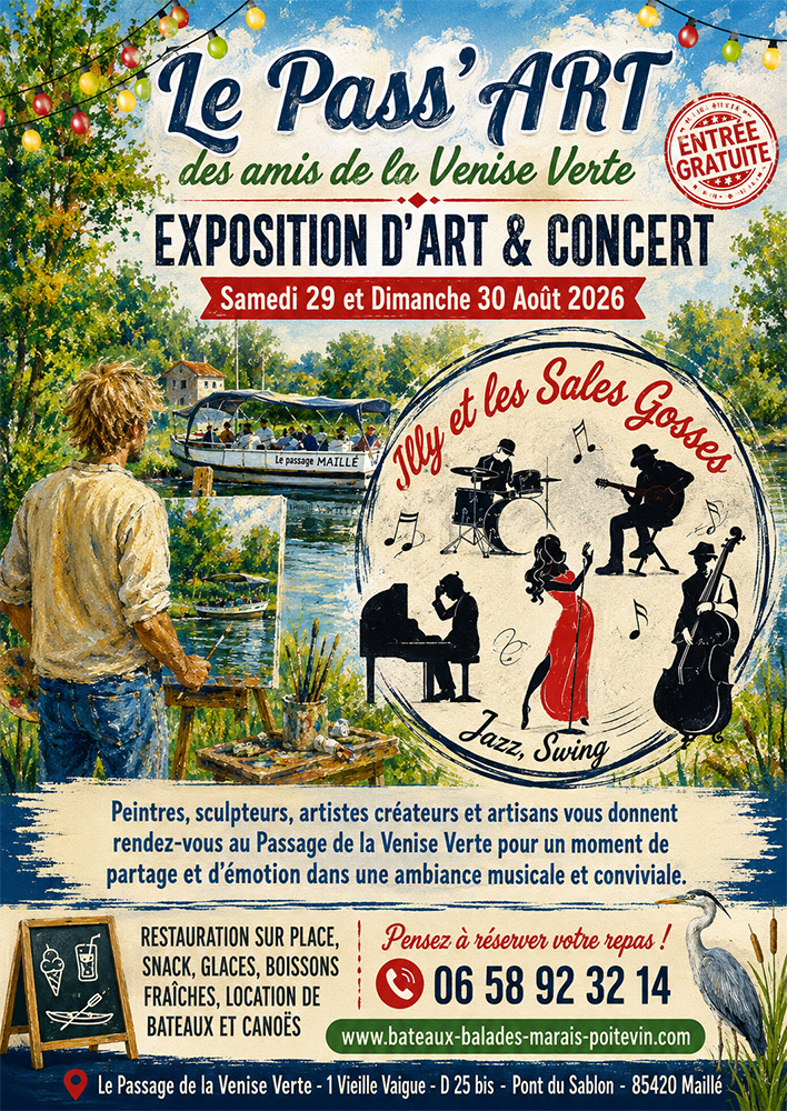 affiche-passart-lily-2026 Festival poster for Le Pass’ ART: art exhibition and concert with river scene, painter at left, band circle titled ‘Jazz et les Gosses’, dates 29–30 August 2026, free entry.
