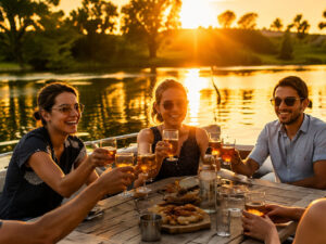 Group of friends toasting with drinks at sunset on a boat, with food on a table nearby.