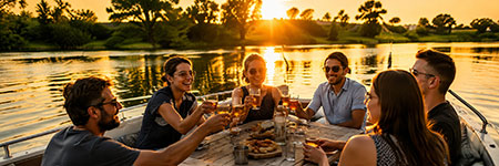 bloc-apero-boat Group of friends on a boat at sunset toasting with wine glasses around a table of appetizers and drinks.